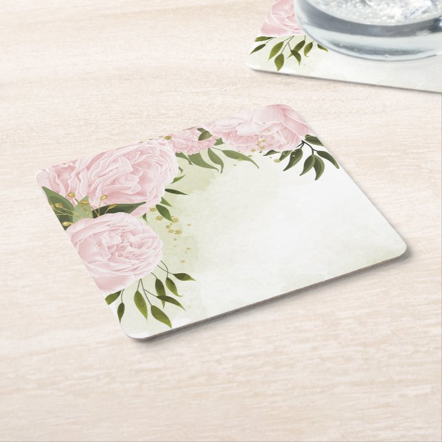 Dessous-de-verre Carré En Papier Boho rose fleurs vert feuille botanique (Incliné)