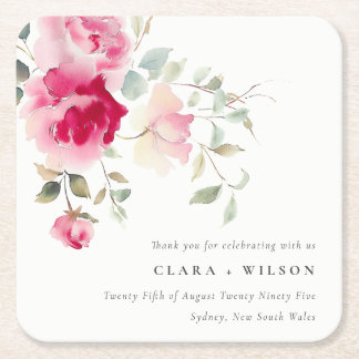 Dessous-de-verre Carré En Papier Boho Rouge Rose Fleurs Mariage d'aquarelle