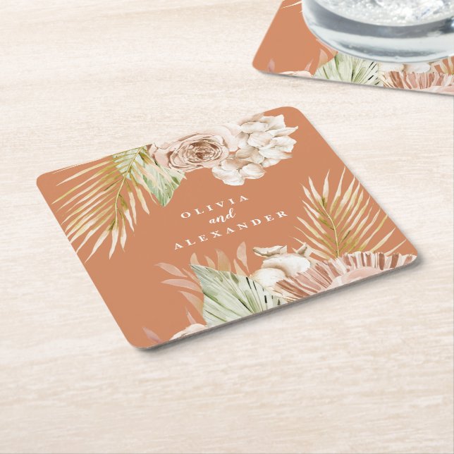 Dessous-de-verre Carré En Papier Boho Terracotta Tropical Floral et Palm mariage (Incliné)