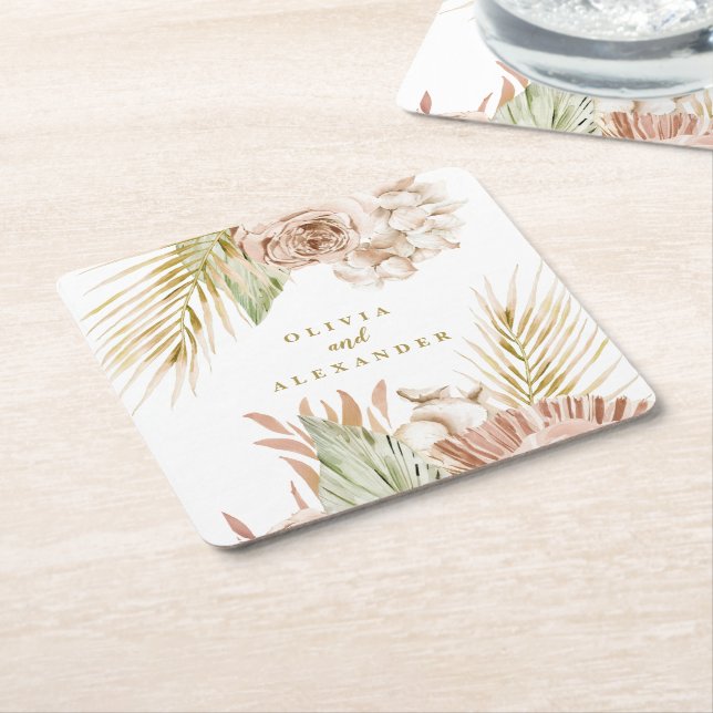 Dessous-de-verre Carré En Papier Boho Tropical Floral et Palm mariage (Incliné)