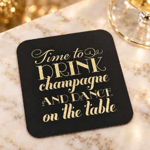 Dessous-de-verre Carré En Papier Boire du Champagne et danser Mariage Black Gold