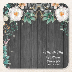 Dessous-de-verre Carré En Papier Bois rustique Aquarelle Vintage Fleurs et étincell