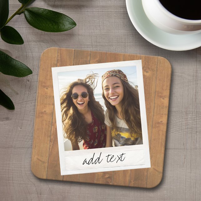 Dessous-de-verre Carré En Papier Bois rustique avec cadre photo Carré (Personalized coaster with 4 photos and text)