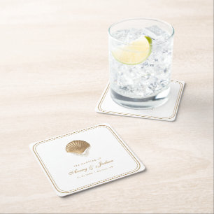 Dessous-de-verre Carré En Papier Boisson de mariage côtier Coquille d'or