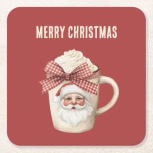 Dessous-de-verre Carré En Papier Boisson Visage de Père Noël Rouge Crème Nœud Rouge