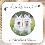 Dessous-de-verre Carré En Papier Boissons modernes sur nous Photo personnalisée Mar<br><div class="desc">Bois Sur Nous ! Ajoutez la touche finale à votre mariage avec ces dessous de verre de mariage photo personnalisés. Parfait pour votre mariage après la fête et la réception, et comme faveurs de mariage pour vos invités. Customisez ces dessous de verre de mariage de chien photo avec votre photo...</div>