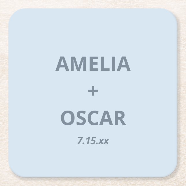 Dessous-de-verre Carré En Papier Bold Soft Blue Modern Wedding Names Date Custom (Devant)