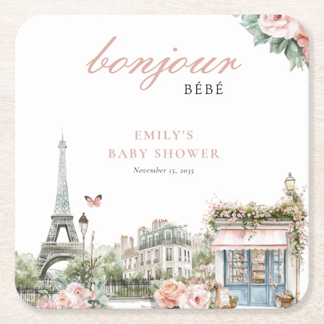 Dessous-de-verre Carré En Papier Bonjour Bébé Paris Baby shower français (Devant)