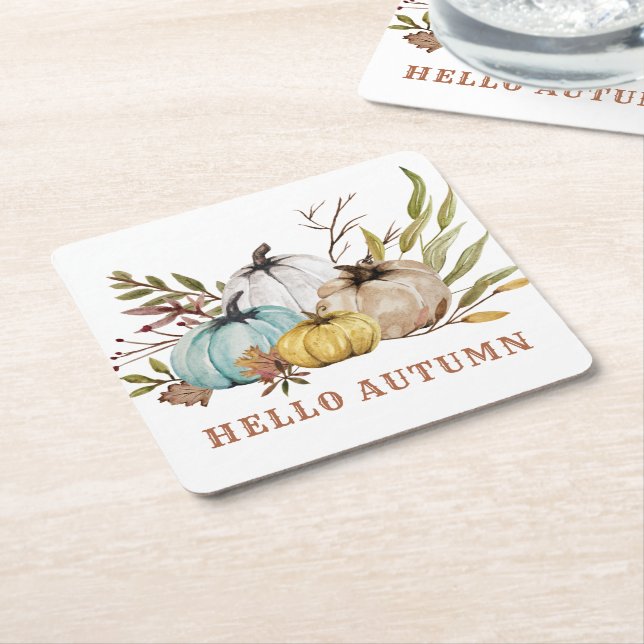 Dessous-de-verre Carré En Papier Bonjour Citrouilles d'aquarelle d'automne (Incliné)