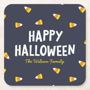 Dessous-de-verre Carré En Papier Bonjour l'Halloween Bonbon Corne Bleu Foncé