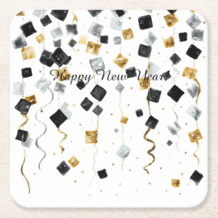 Dessous-de-verre Carré En Papier Bonne année confettis noir or