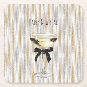 Dessous-de-verre Carré En Papier Bonne Année Noir Arc Or Argent Champagne