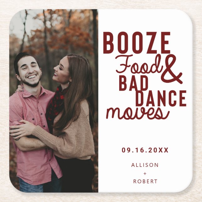 Dessous-de-verre Carré En Papier Booze Food & Bad Dance Moving Mariage Date Photo (Devant)