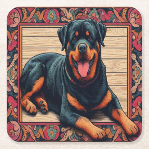 Dessous-de-verre Carré En Papier Bordure colorée stylée Rotweiler Chien 3D