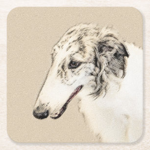 Dessous-de-verre Carré En Papier Borzoi (Argent Brindle) Peinture Chien Art origina