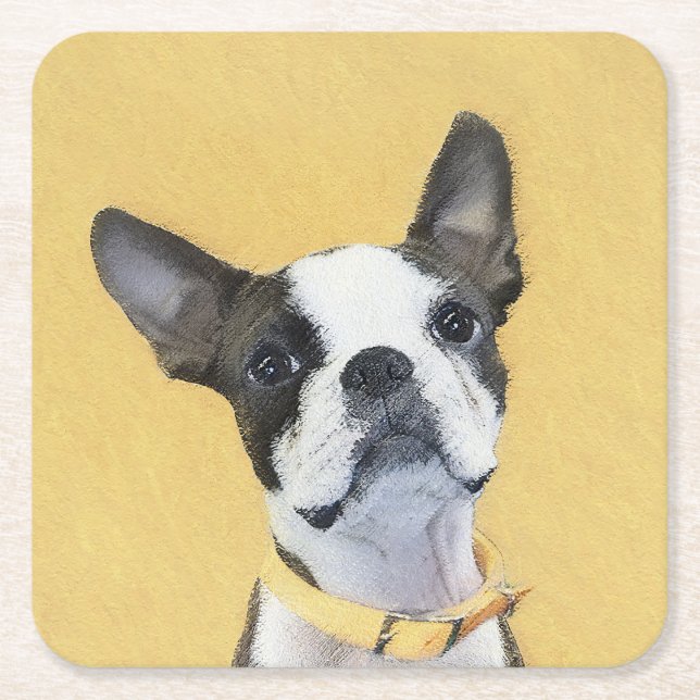Dessous-de-verre Carré En Papier Boston Terrier Peinture - Cute Original Chien Art (Devant)