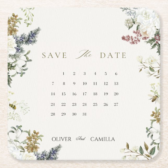 Dessous-de-verre Carré En Papier Botanical Calendar Save the Date Card Template (Devant)