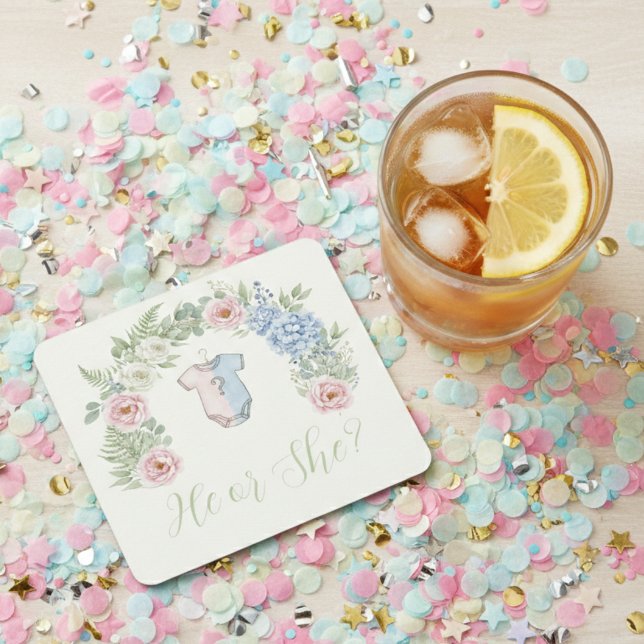 Dessous-de-verre Carré En Papier Botanical Gender Reveal (Gender reveal party drink coaster)