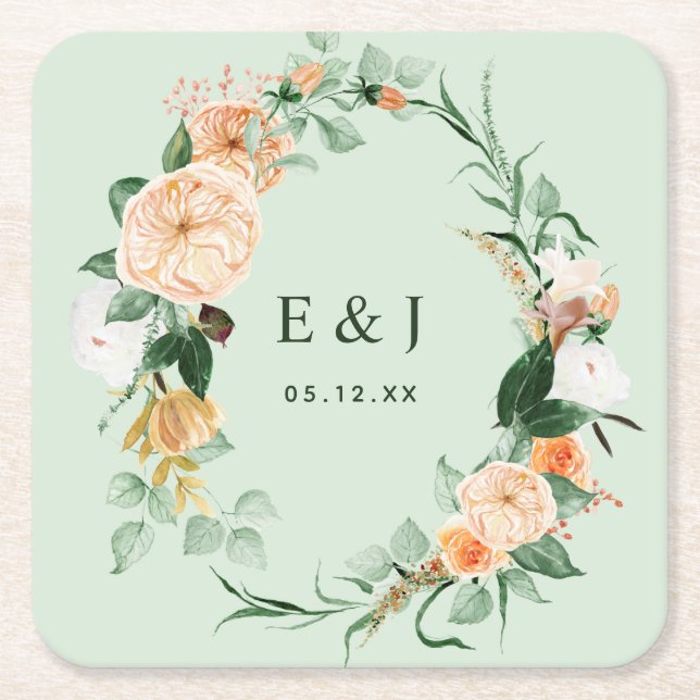Dessous-de-verre Carré En Papier Botanique Boho Floral Verdure Monogramme Sq Mariag (Devant)
