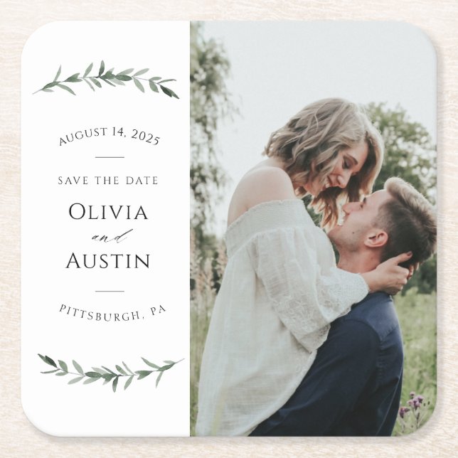 Dessous-de-verre Carré En Papier Botanique verte feuillue Enregistrer la date (Devant)