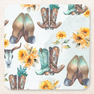 Dessous-de-verre Carré En Papier Bottes rustiques de cowboy et aquarelle de tournes