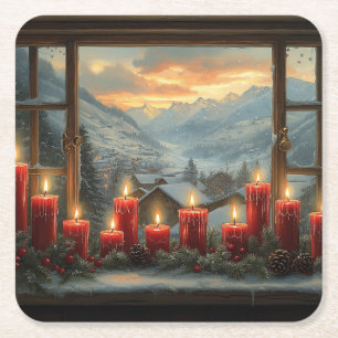 Dessous-de-verre Carré En Papier Bougies de Noël rouges Cônes de pin Beau Hiver 