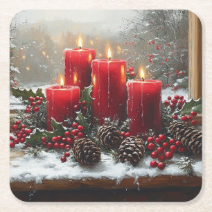 Dessous-de-verre Carré En Papier Bougies de Noël rouges Cônes de pin Houx