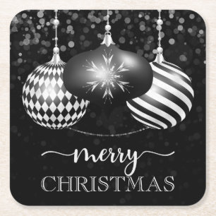 Dessous-de-verre Carré En Papier Boules de Noël Élégantes Noir et Blanc Joyeux Noël