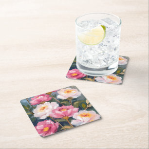 Dessous-de-verre Carré En Papier Bouquet de fleurs de pivoines roses aquarelle