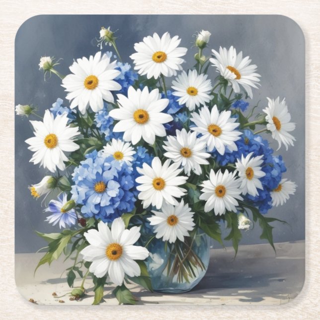 Dessous-de-verre Carré En Papier Bouquet de fleurs Élégantes marguerites Aquarelle (Devant)