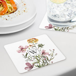 Dessous-de-verre Carré En Papier Bouquet de fleurs sauvages aquarelle Monogram #1