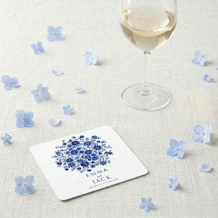 Dessous-de-verre Carré En Papier Bouquet floral bleu Merci pour votre mariage