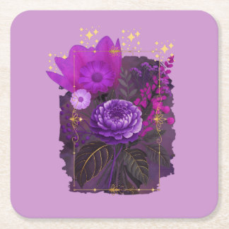 Dessous-de-verre Carré En Papier Bouquet floral magique violet dans un cadre doré