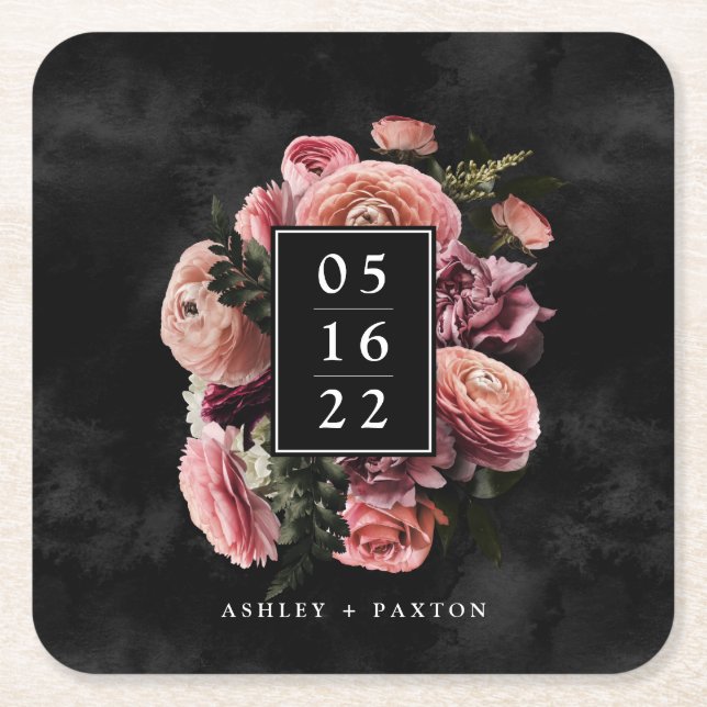 Dessous-de-verre Carré En Papier Bouquet rose romantique et Moody sur noir (Devant)