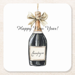 Dessous-de-verre Carré En Papier Bouteille de Champagne Noir Or Bonne Année
