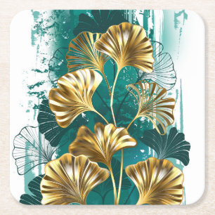 Dessous-de-verre Carré En Papier Branche avec Feuilles d'or Ginko Biloba