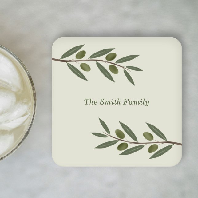 Dessous-de-verre Carré En Papier Branche d'olive aquarelle (Watercolor Olive Branch Square Paper Coaster)