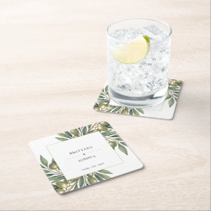 Dessous-de-verre Carré En Papier Branche d'olive Mariage méditerranéen moderne