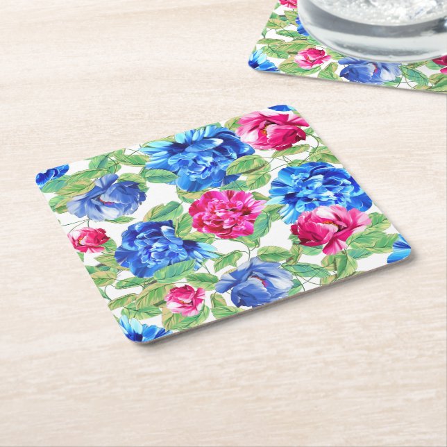Dessous-de-verre Carré En Papier Bright Pink and Blue Floral Pretty Pattern (Incliné)