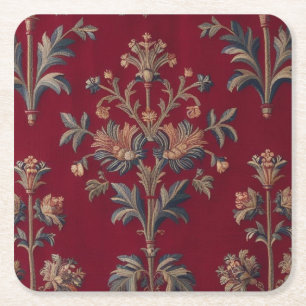 Dessous-de-verre Carré En Papier  broderie medievale fleurie en rouge bordeaux