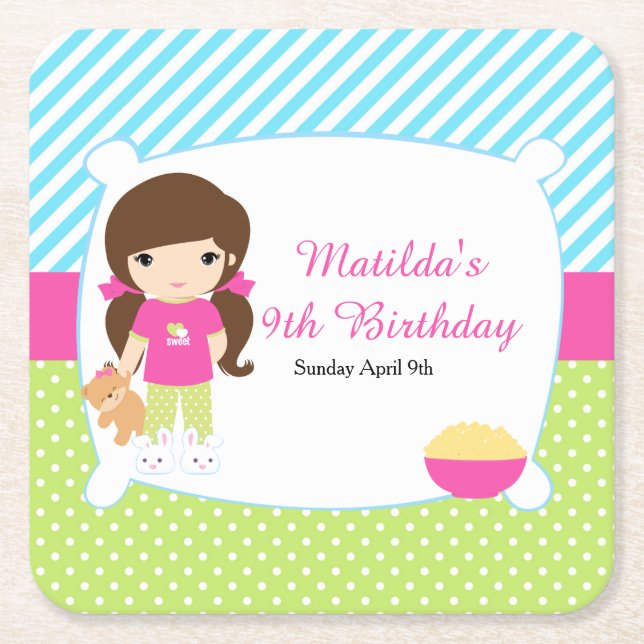 Dessous-de-verre Carré En Papier Brunette Girl Sleepover Fête de bois (Devant)