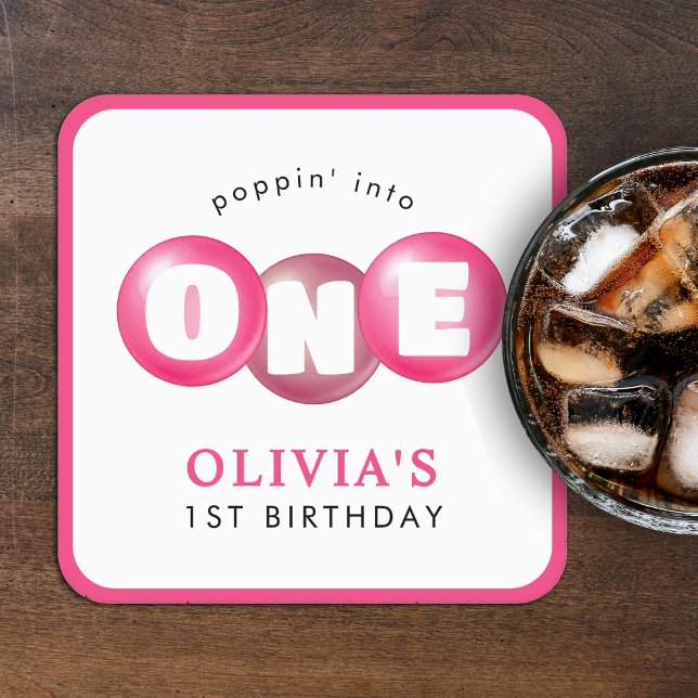 Dessous-de-verre Carré En Papier Bubblegum Pink Poppin Fille 1er fête d'anniversair (Créateur téléchargé)