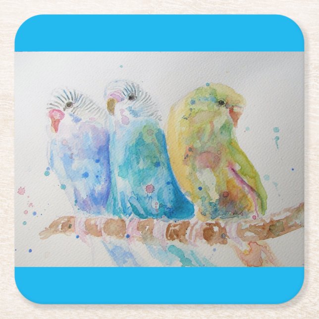 Dessous-de-verre Carré En Papier Budgie Aquarelle Peinture oiseau Cuisine Aqua Turq (Devant)