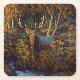 Dessous-de-verre Carré En Papier Bull Elk dans la forêt d'automne