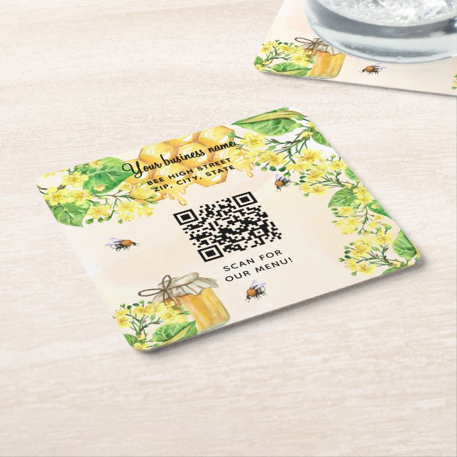 Dessous-de-verre Carré En Papier Bumble abeilles miel fleuri jaune affaires code qr (Incliné)