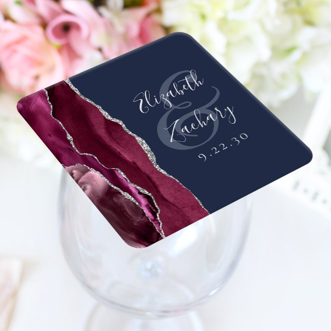 Dessous-de-verre Carré En Papier Burgundy Agate Script Silver Navy Blue Mariage (Créateur téléchargé)
