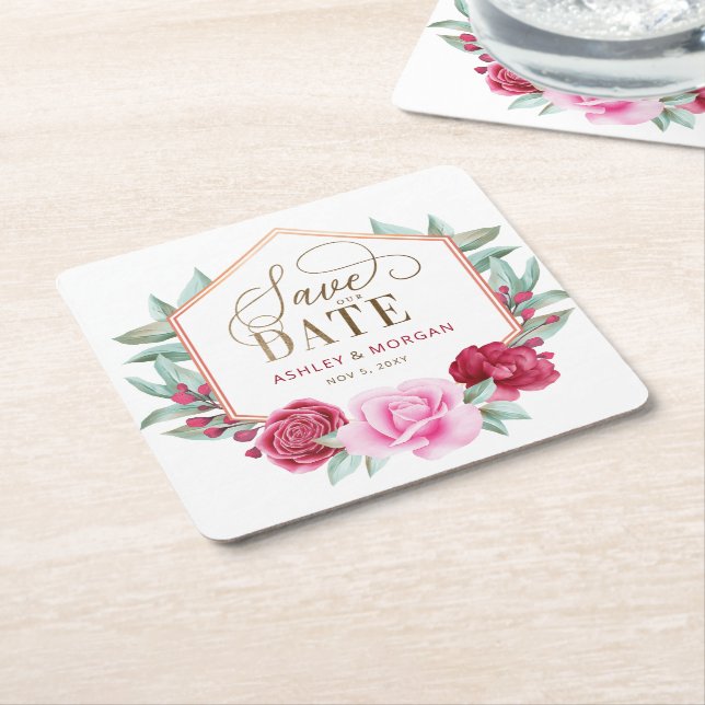 Dessous-de-verre Carré En Papier Burgundy Blush Gold Floral Enregistrer la date (Incliné)