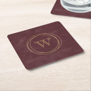Dessous-de-verre Carré En Papier Burgundy Faux Cuir Monogramme Cercles Dorés