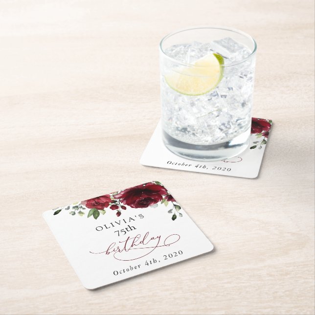 Dessous-de-verre Carré En Papier Burgundy Flowers, Red Flowers, Greenery, Birthday (En situation)
