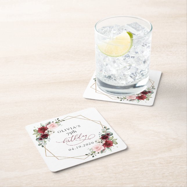 Dessous-de-verre Carré En Papier Burgundy Red Flowers, Pink Flowers, Birthday (En situation)